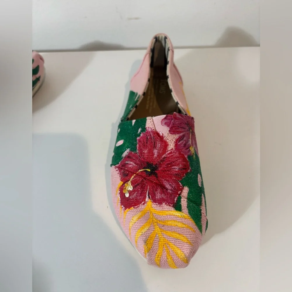 Toms Women’s 7.5W Hand Painted Canvas Alpargata Slip On Flat Shoes Tropical Vaca